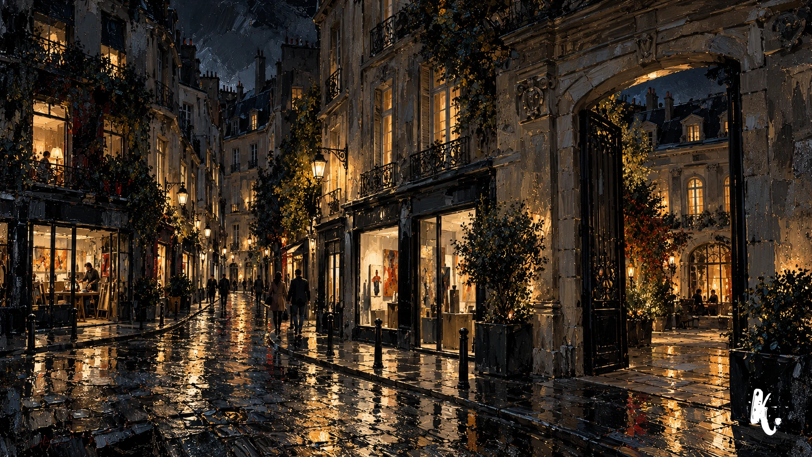 Rue, galeries et cour du troisième arrondissement de nuit