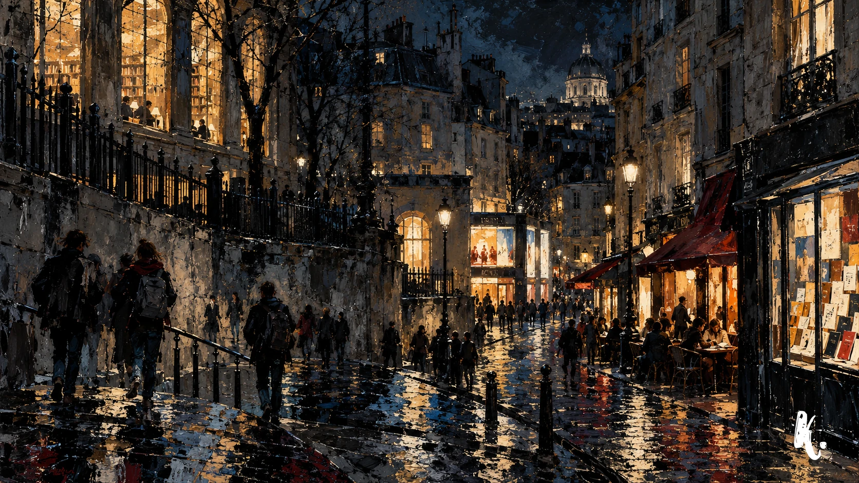 Rues et bibliothèques du cinquième arrondissement de nuit