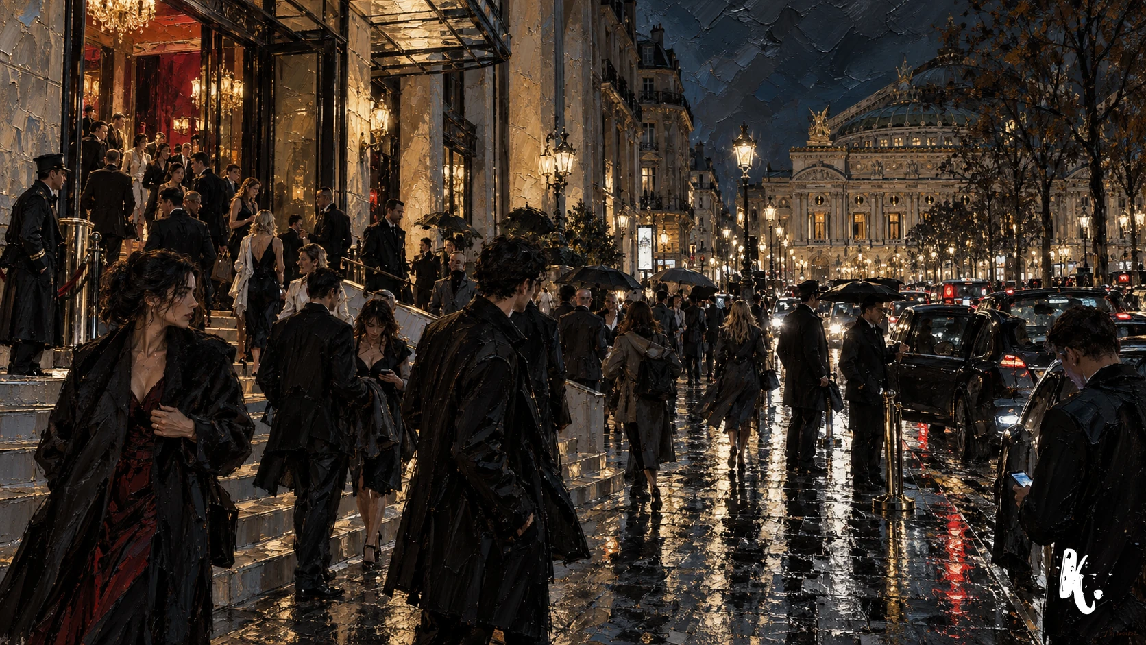 Foule nocturne, hôtel et circulation devant une salle de spectacle