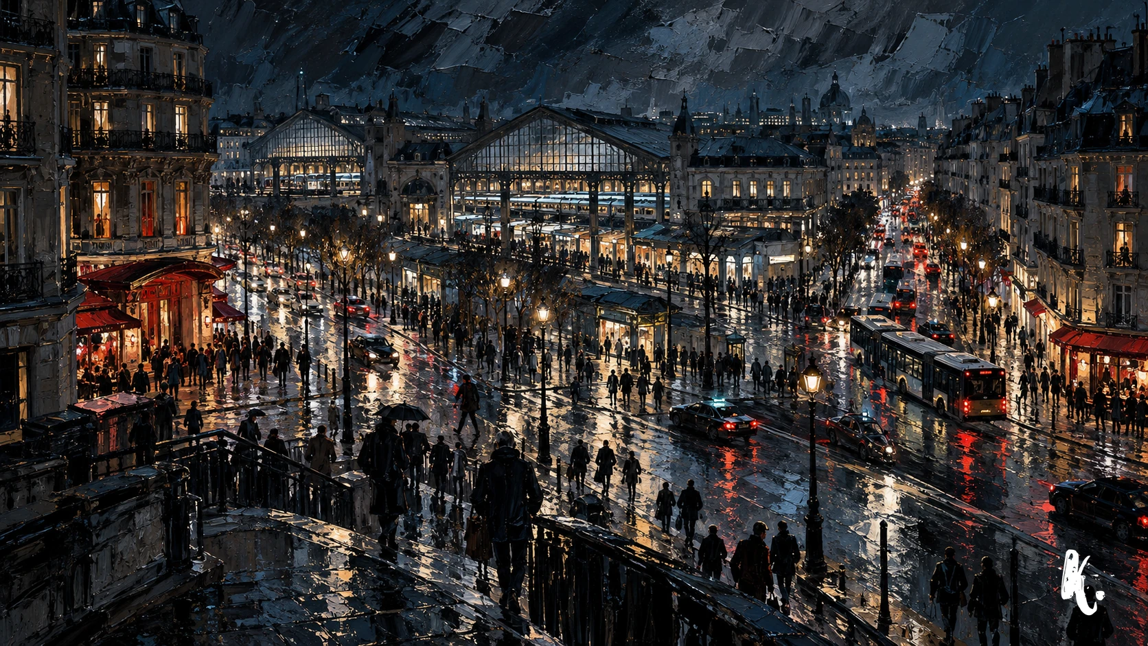 Foule et trajets nocturnes devant une gare parisienne