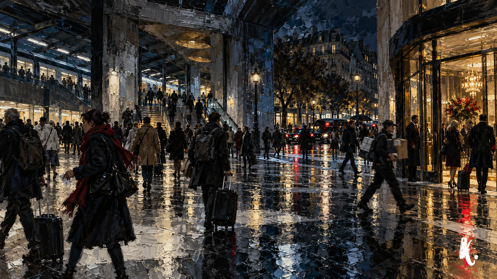 Passages de voyageurs et travailleurs de nuit près d’une gare