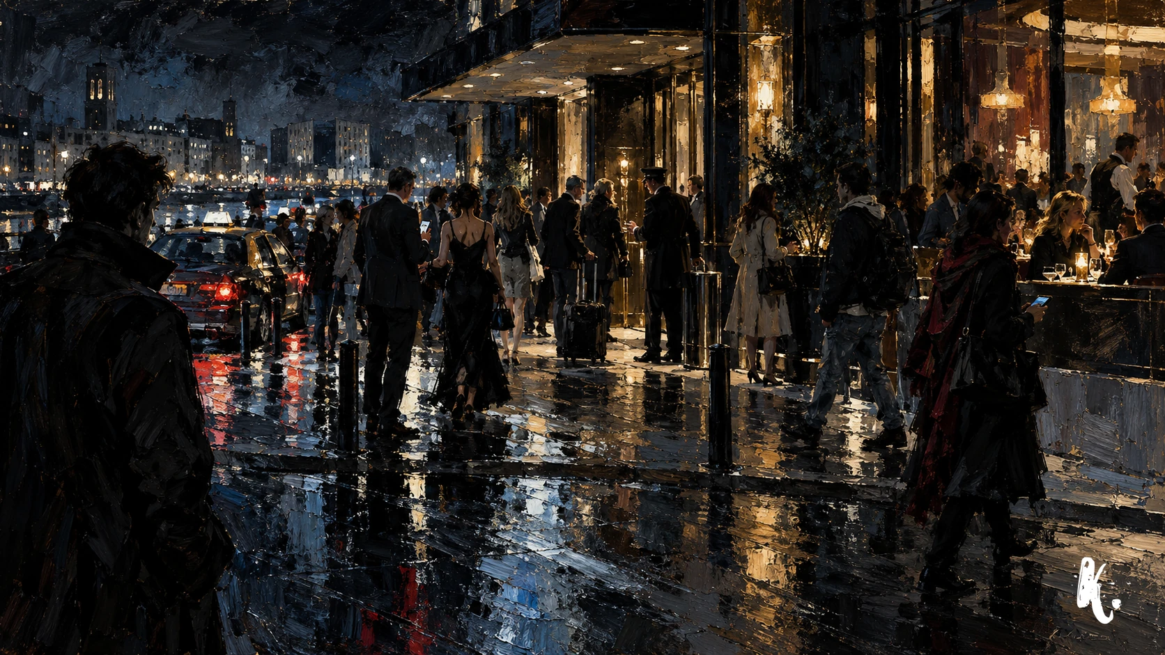 Vie nocturne devant un hôtel et des lieux de passage