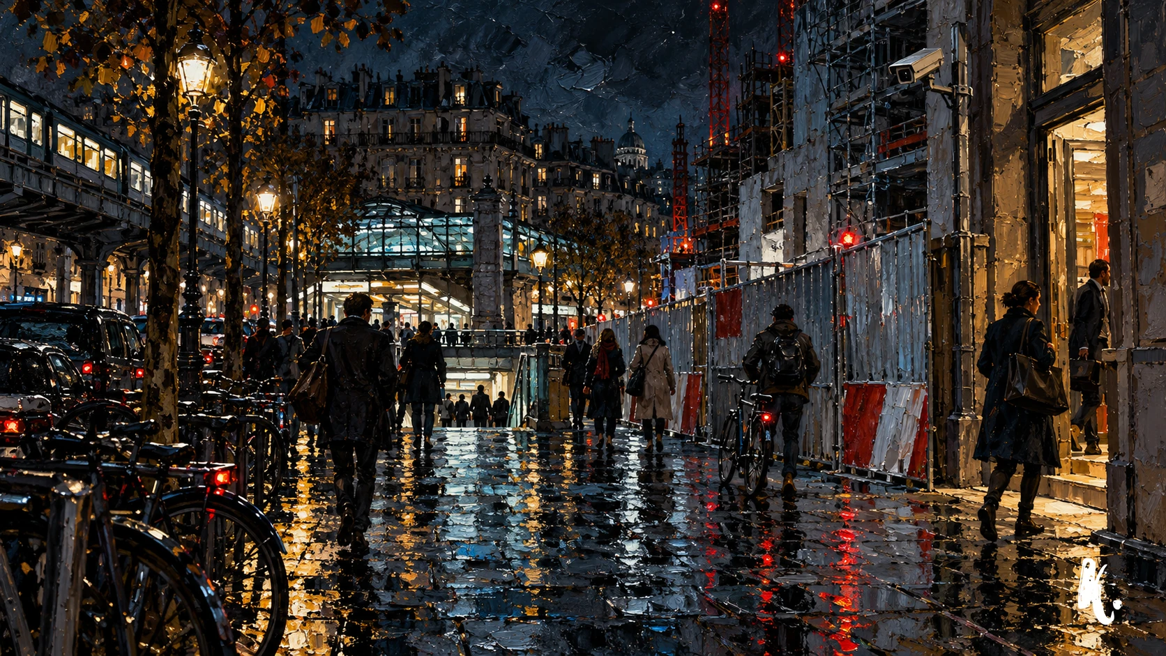 Passants près d’un chantier et des transports de nuit