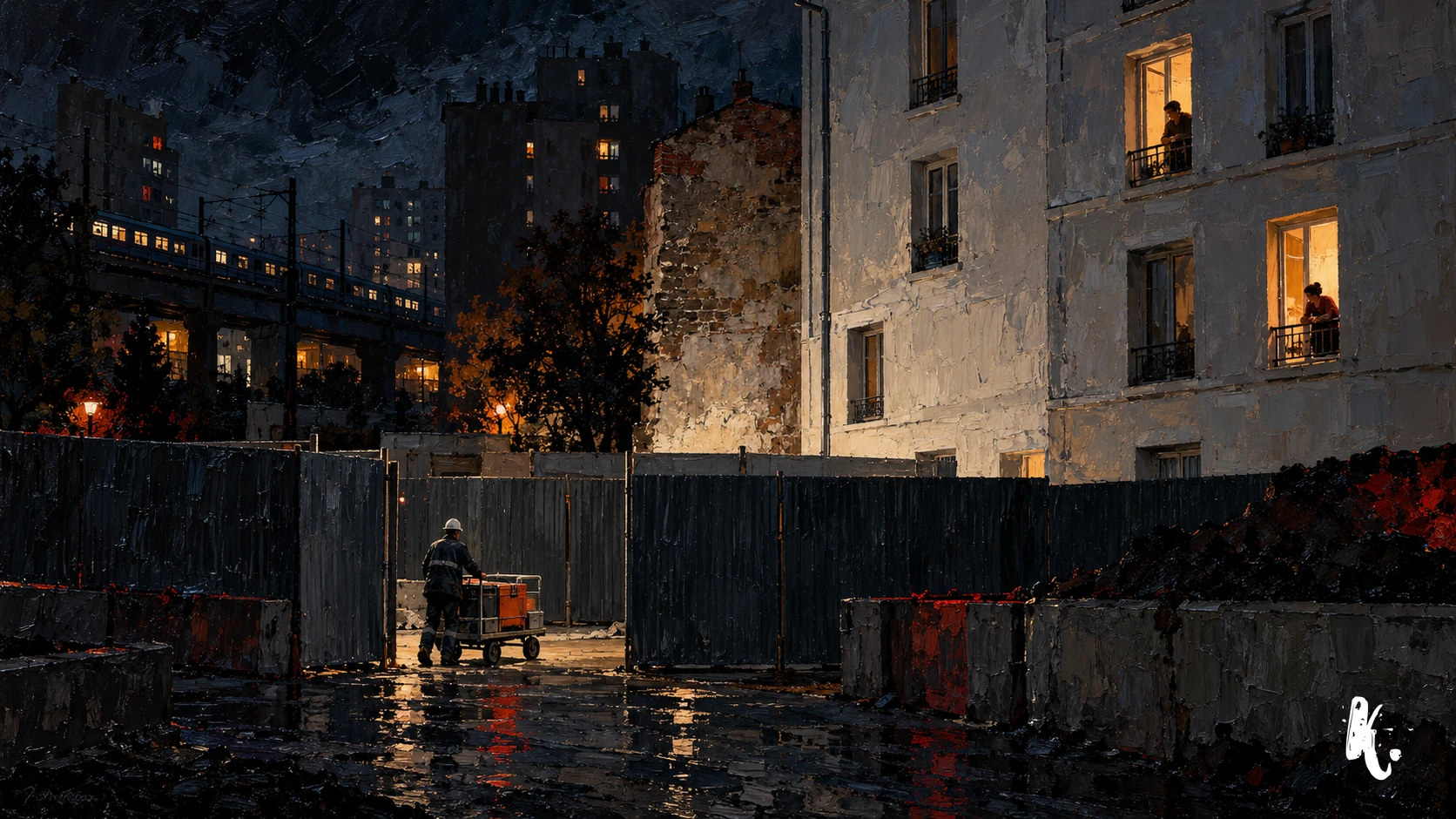 Palissade déplacée et immeuble en rénovation de nuit