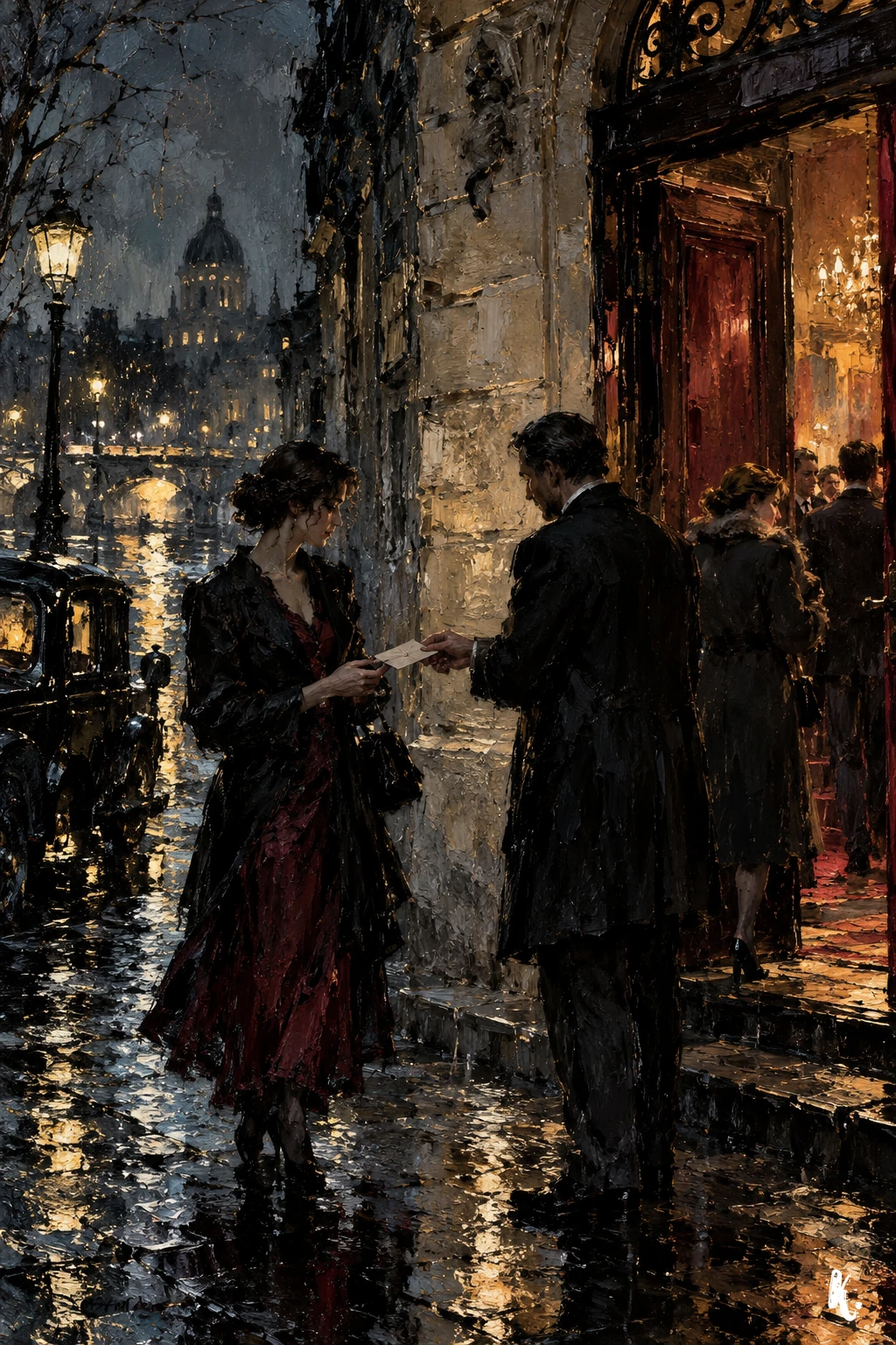 Évocation de Paris après la guerre, devant la porte éclairée d’un lieu culturel