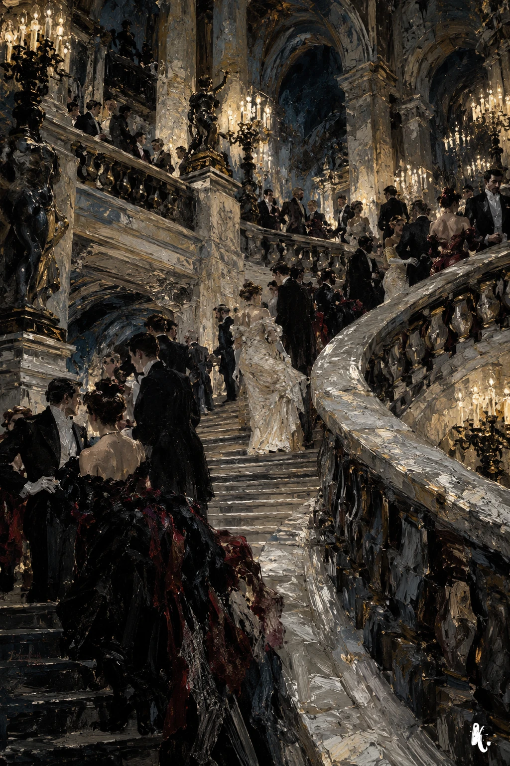 Des invités anonymes se croisent dans les escaliers du Palais Garnier
