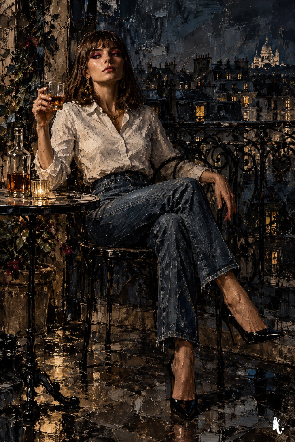 Claudia en jean et chemise blanche sur une terrasse parisienne après minuit