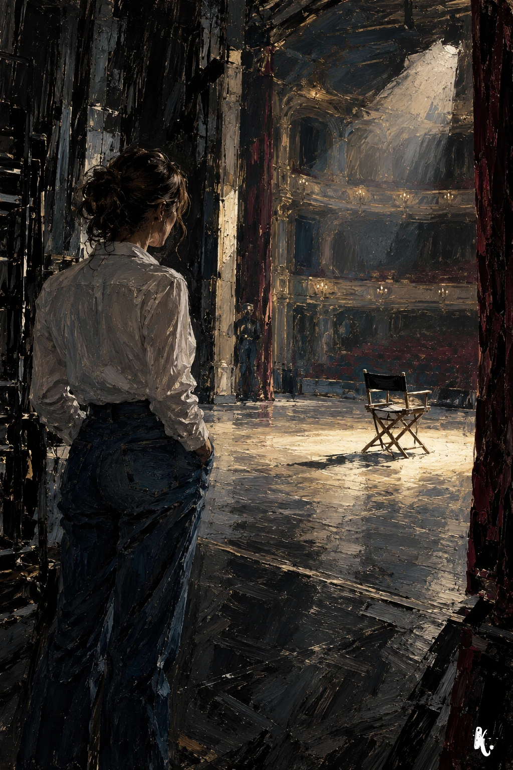 Une chaise de mise en scène et un plateau vide dans une lumière nocturne