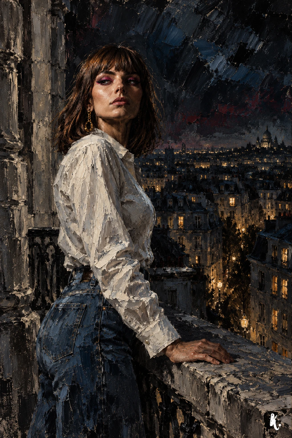 Claudia en jean et chemise blanche contemple Paris depuis un balcon