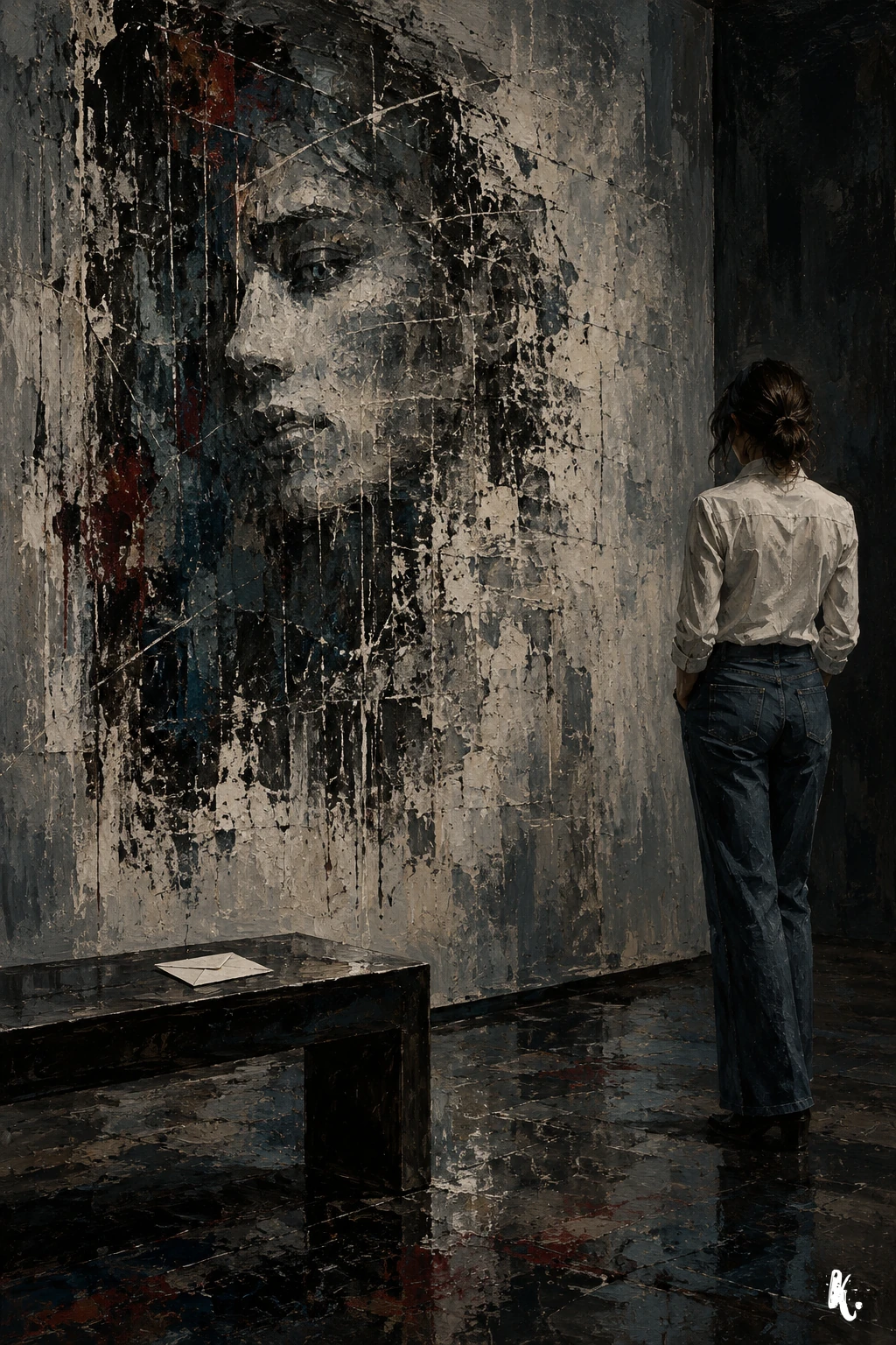 Une silhouette anonyme au bord d’une galerie et une surface picturale presque effacée