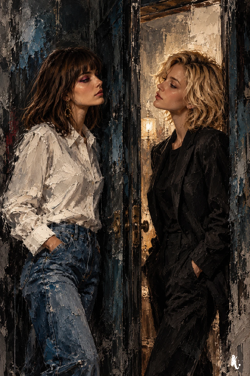 Claudia en chemise blanche et jean et Babyface de part et d’autre d’une porte ouverte