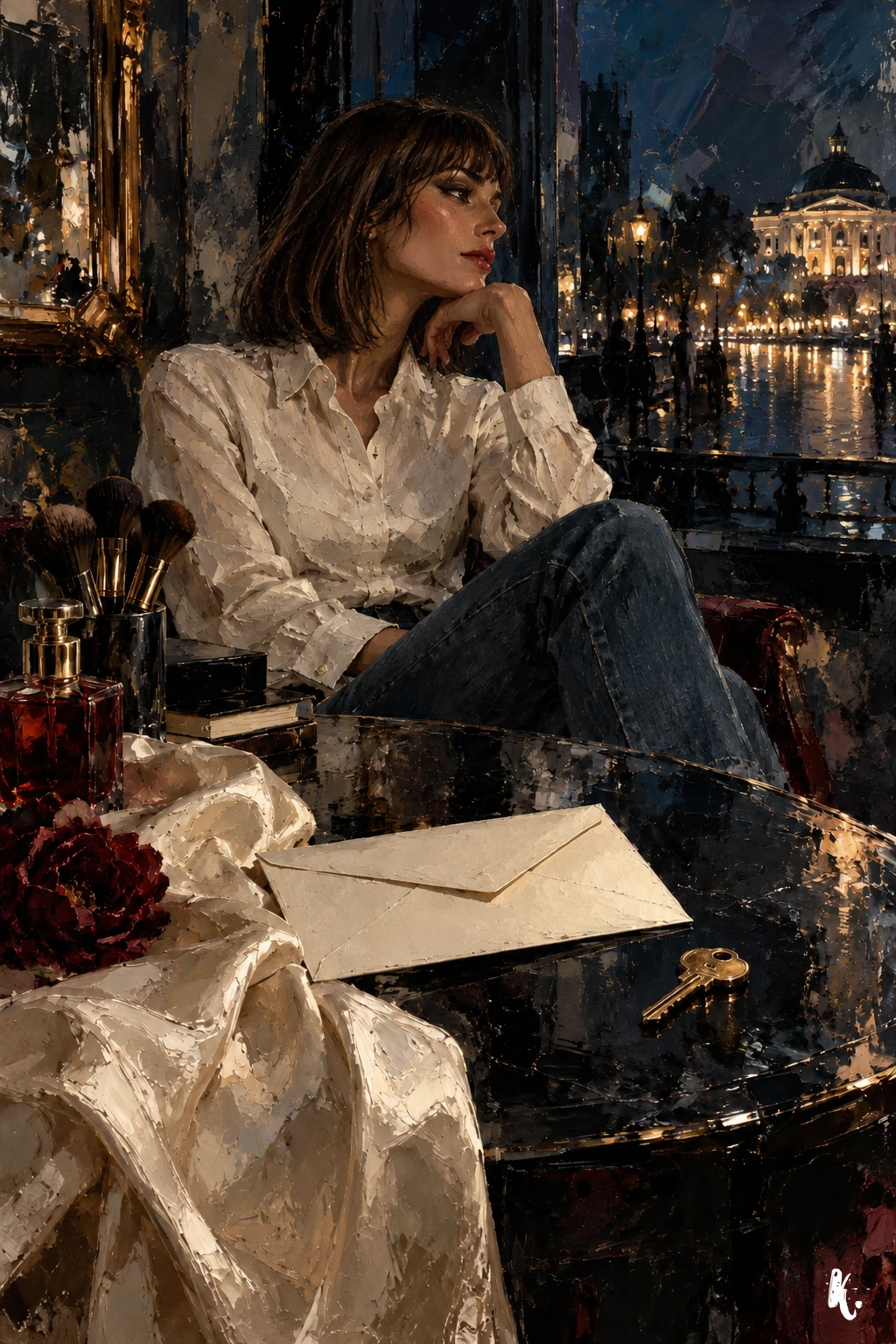 Claudia en chemise blanche et jean, près d’une étoffe claire, d’une invitation et d’une clef
