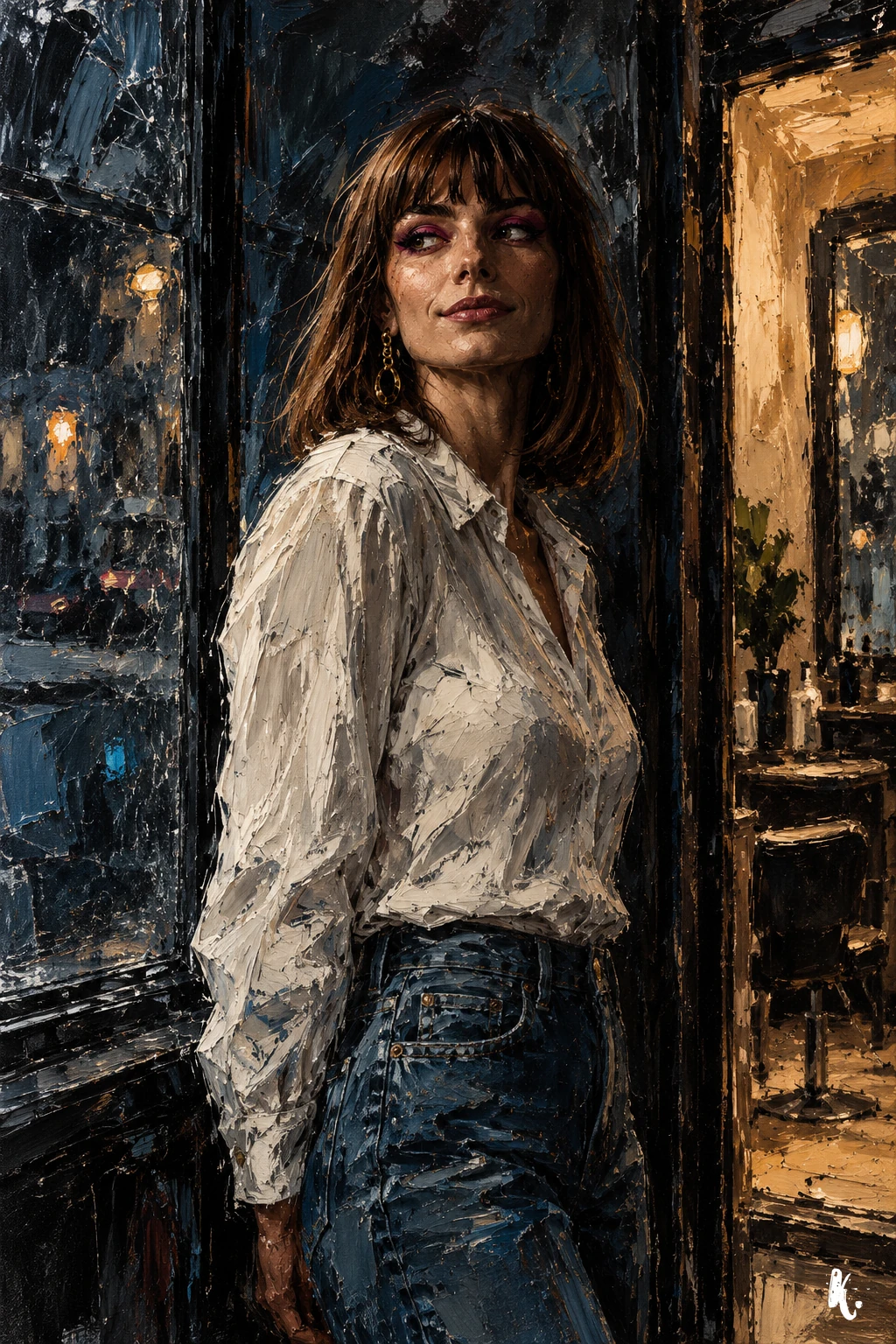 Claudia en jean et chemise blanche regarde vers une porte ouverte avec un sourire retenu