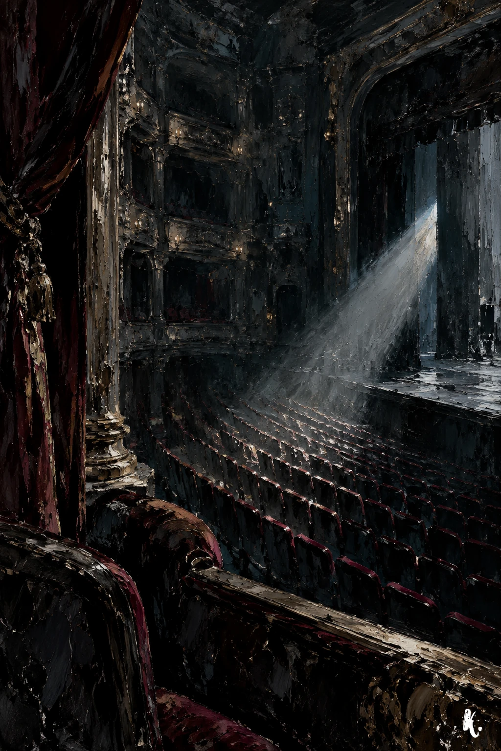 Un faisceau éclaire les sièges d’une salle de spectacle vide