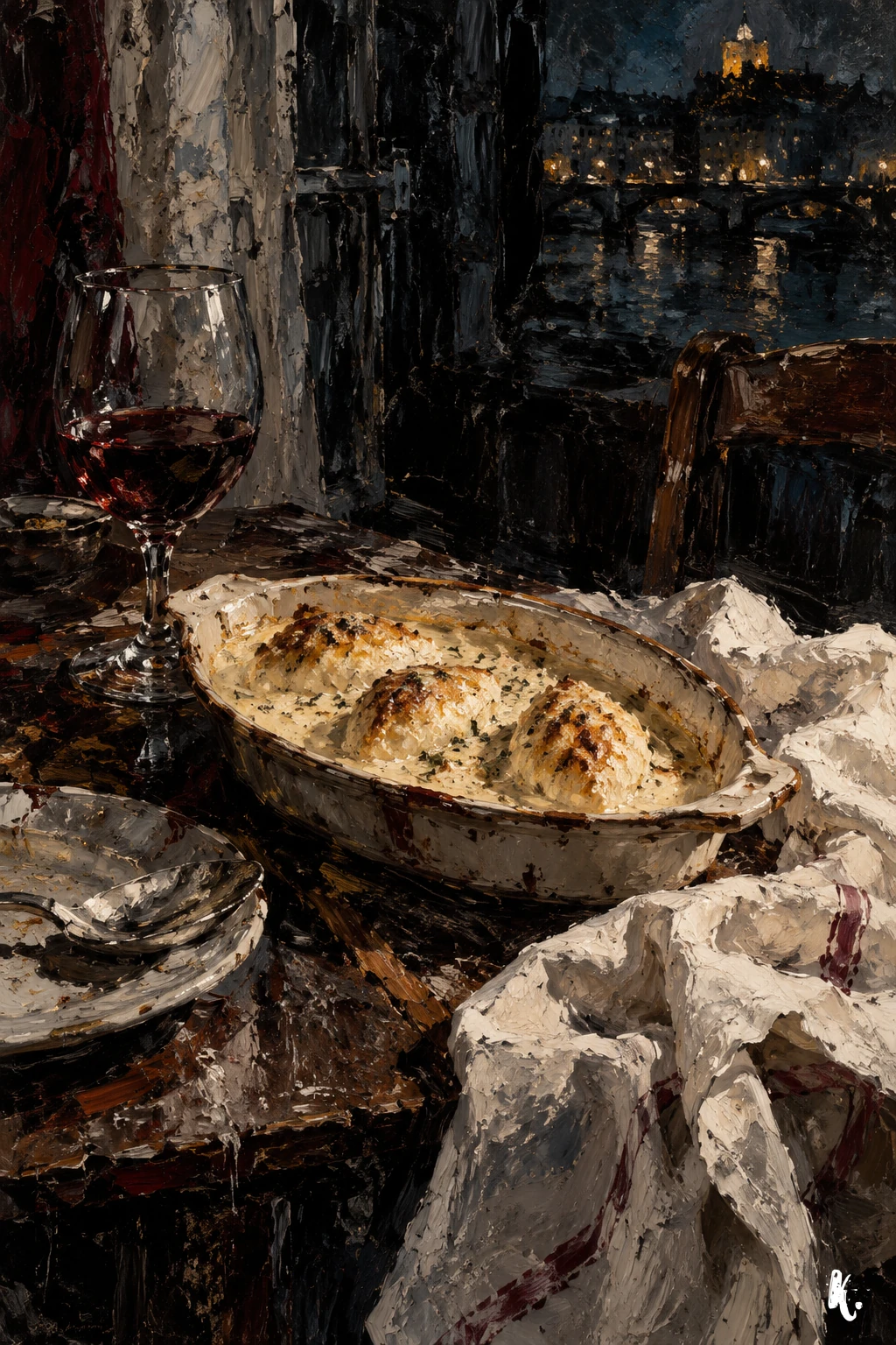 Nature morte de quenelles sur une table couverte de linge clair