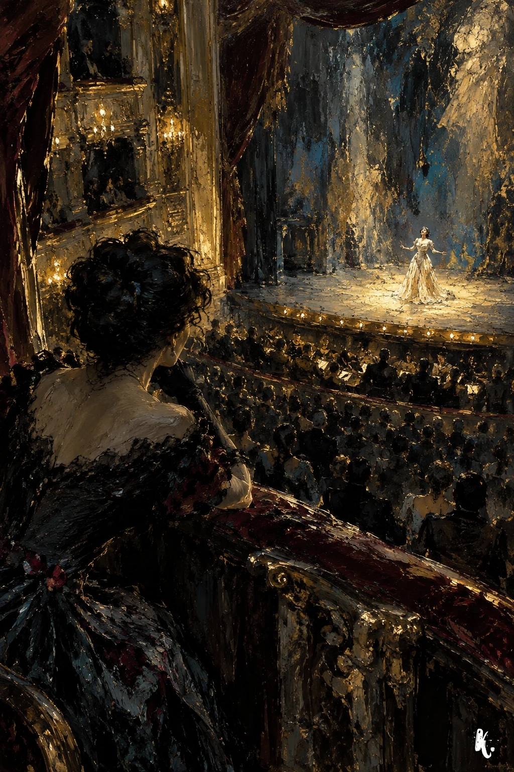 Une cantatrice anonyme sur une scène lointaine, vue depuis une loge