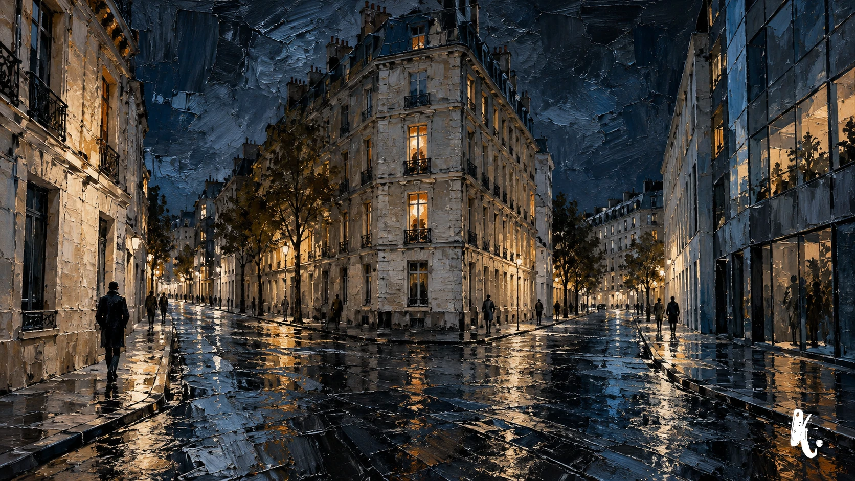 Croisement de rues parisiennes de nuit