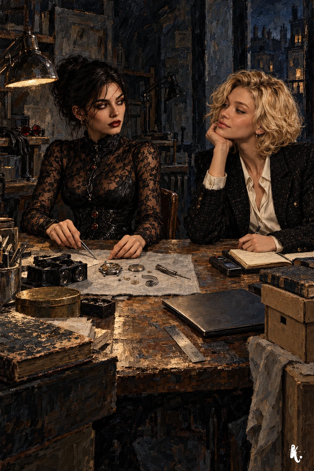 Elara et Babyface dans l’atelier de restauration, la montre démontée entre elles