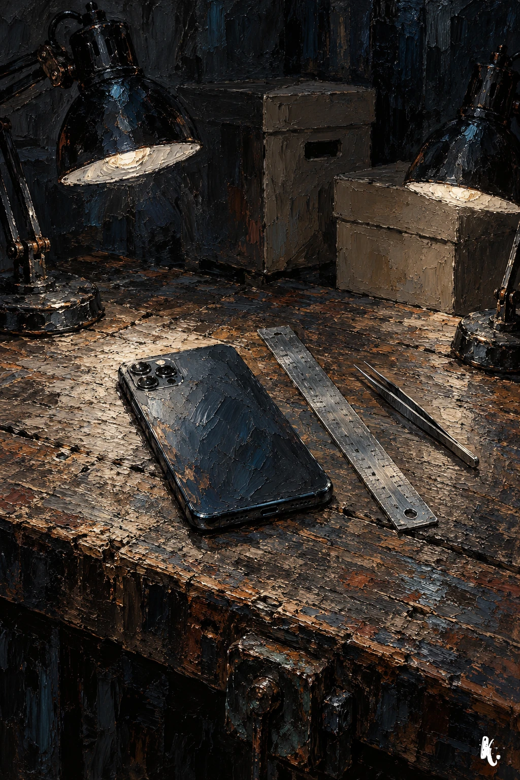 Un téléphone face contre table à côté des outils