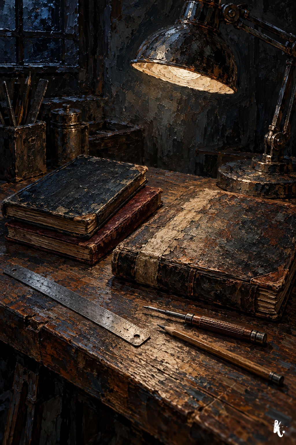 Des carnets fermés et des outils de précision sur l’établi