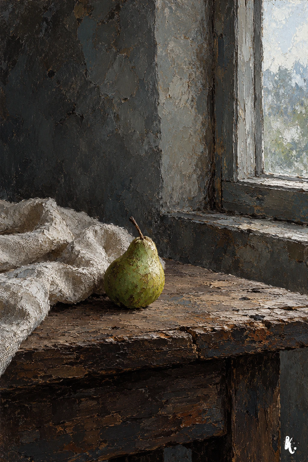 Une poire encore verte sur une table rustique