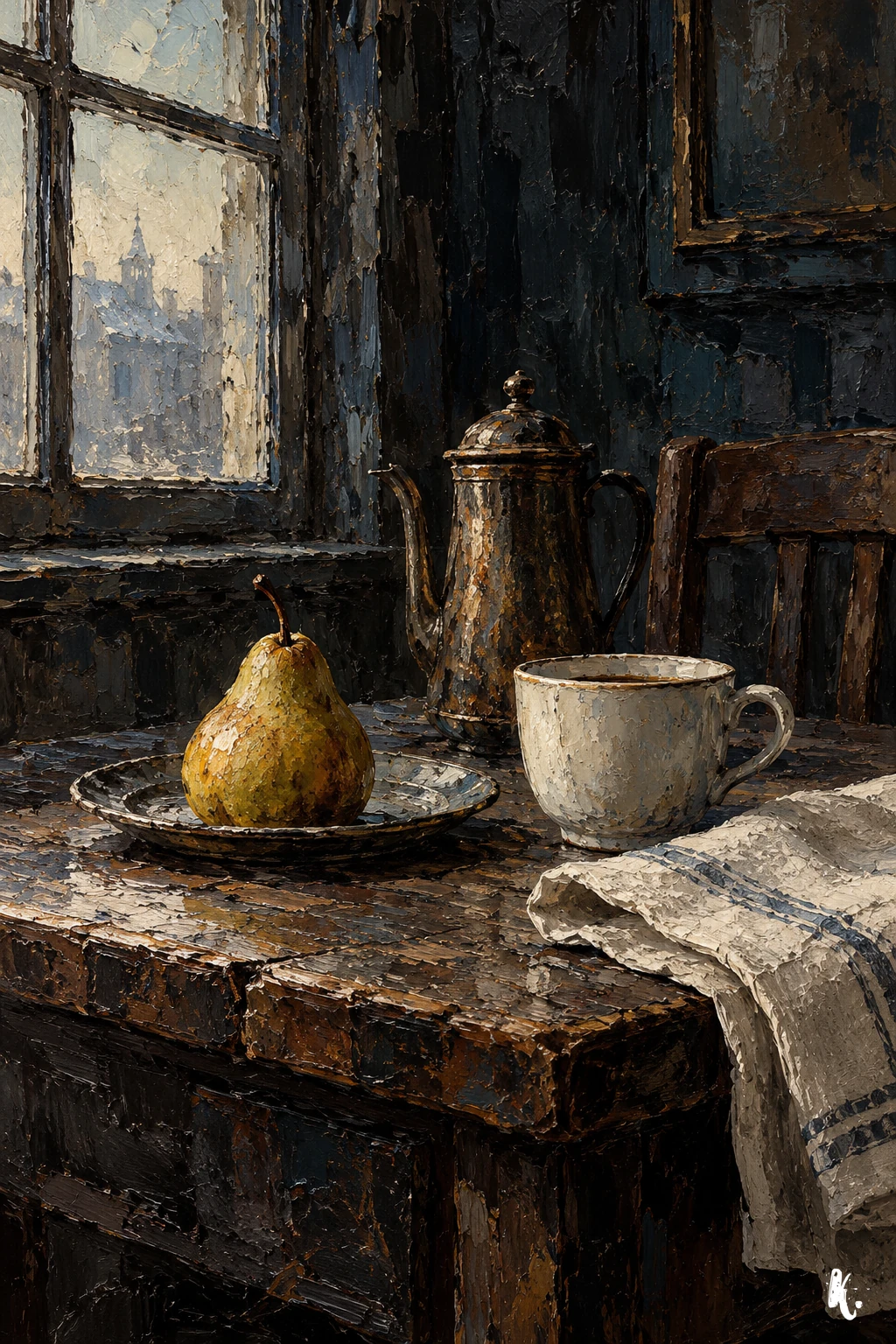 Une poire, une tasse et du linge dans un souvenir de vie humaine