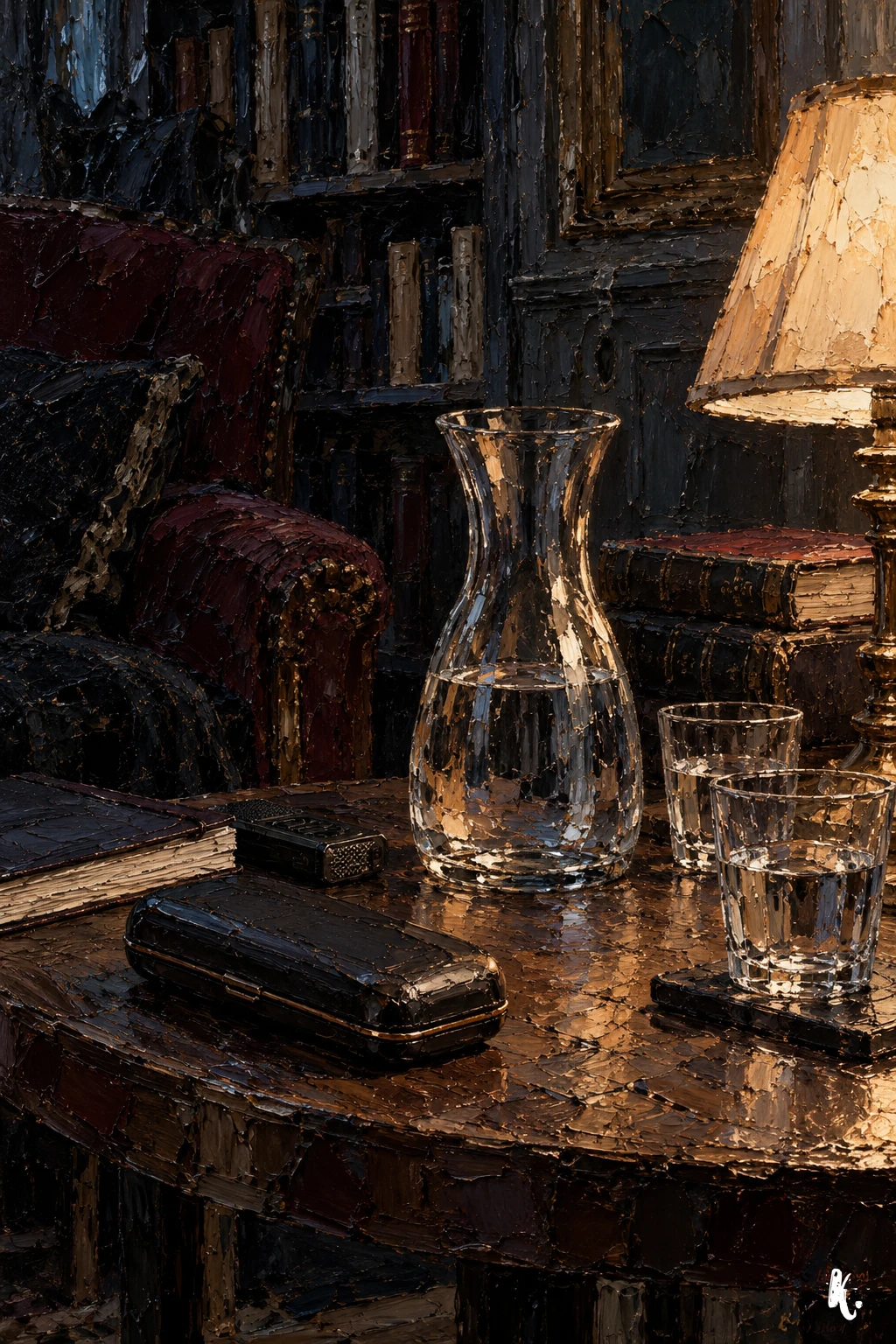 L'étui à lunettes fermé près d'un reflet de carafe