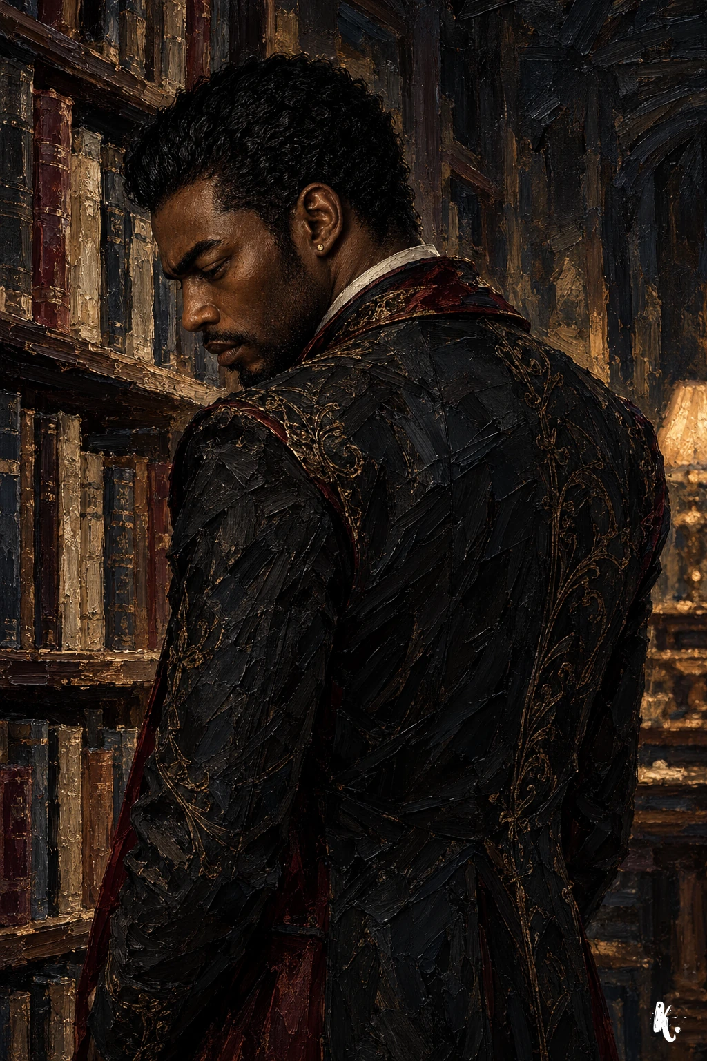 Malik se tient près des livres, absorbé par sa réflexion