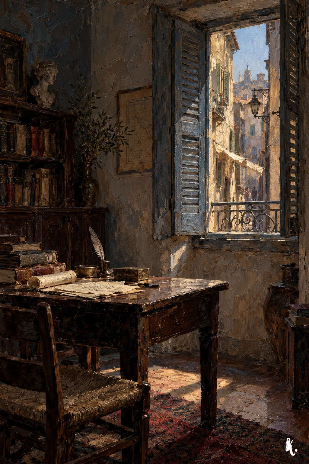 Une fenêtre ouverte au-dessus d'une table de travail