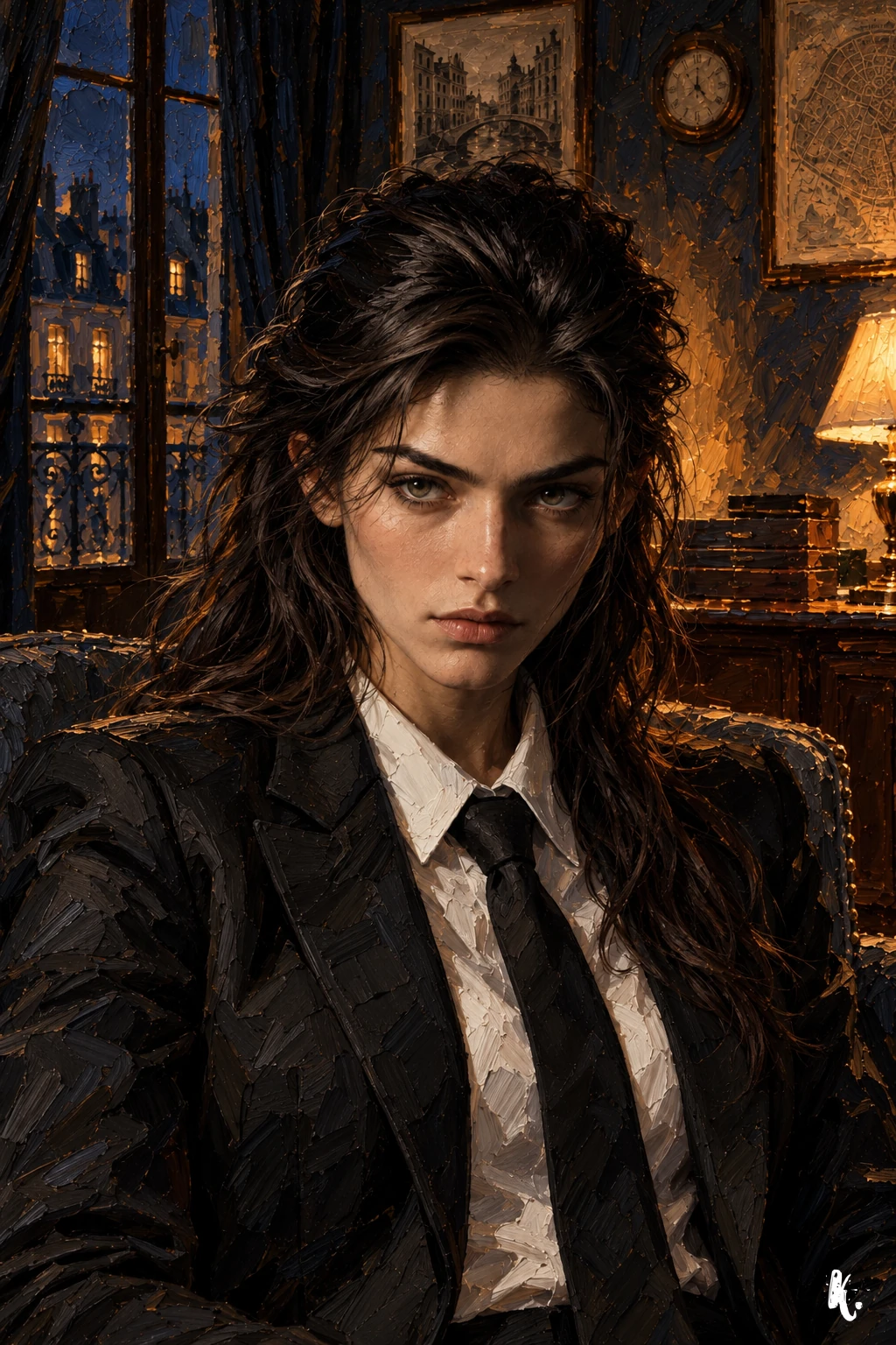 Portrait attentif de Mathilda en costume noir et cravate