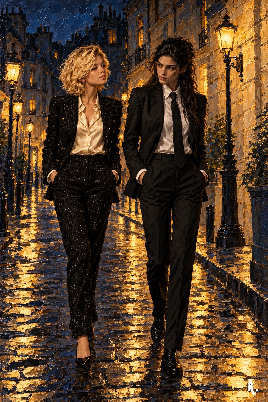 Mathilda et Babyface marchent côte à côte dans une rue nocturne du Marais