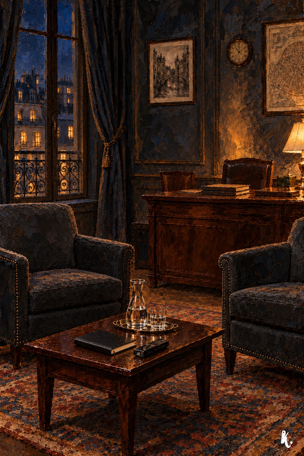 Fauteuils vides et dossier fermé dans le salon de la Maison des Successions