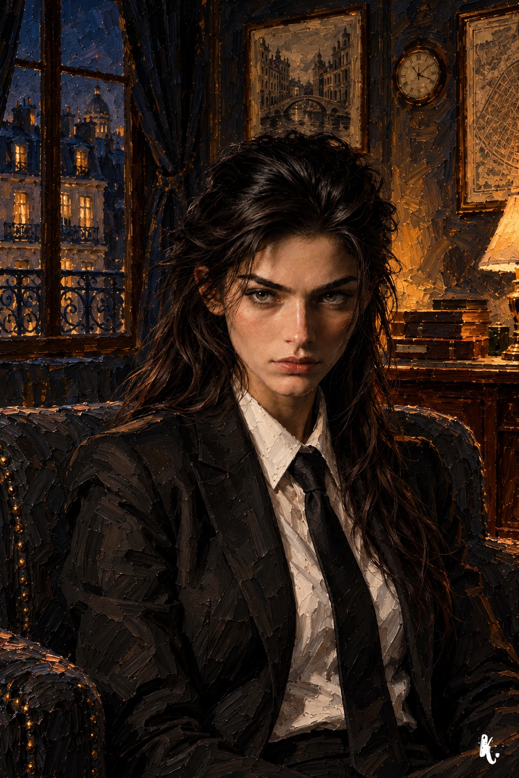 Mathilda répond avec gravité, en costume noir et chemise blanche