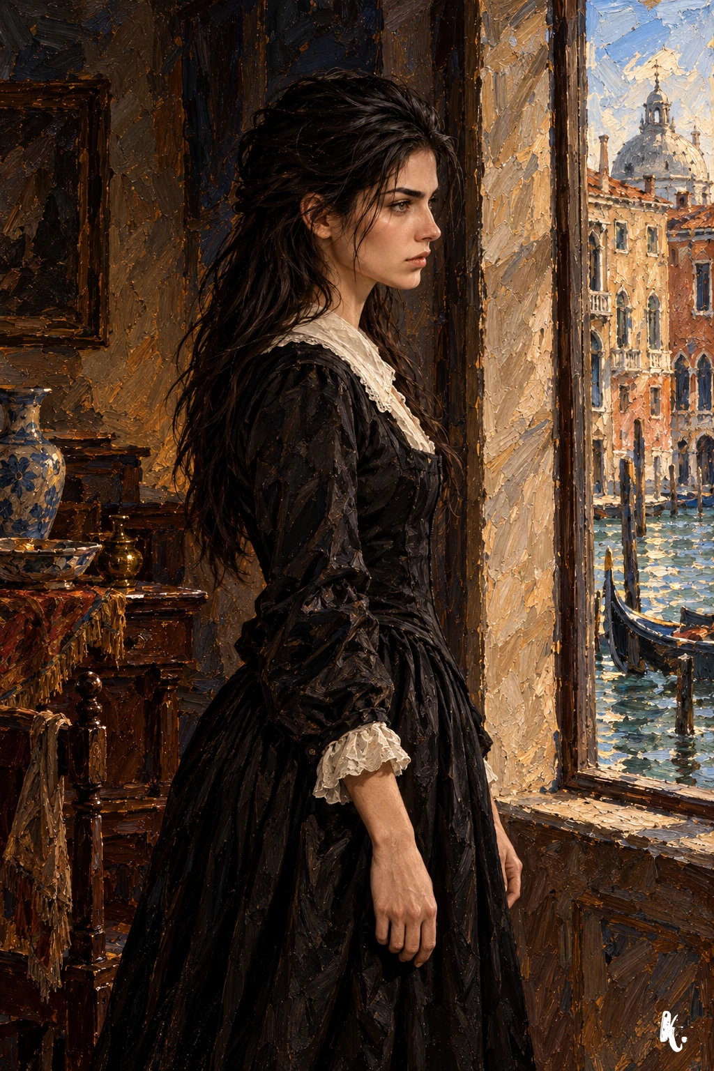 Mathilda mortelle se tient près d’une fenêtre donnant sur Venise