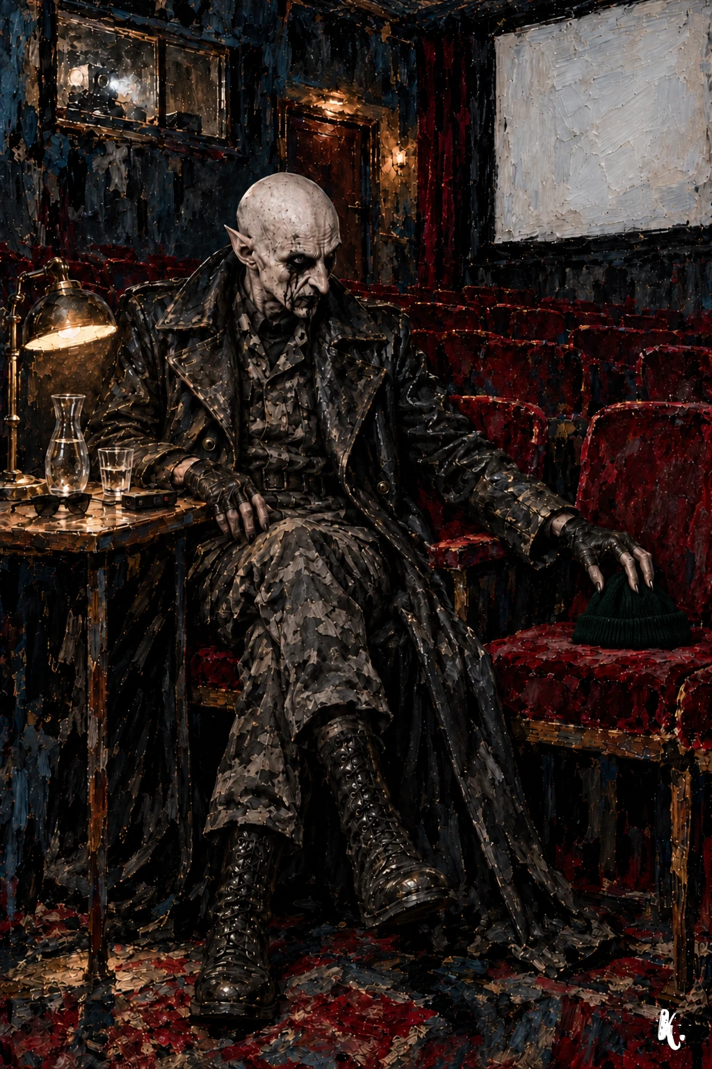 Orlok pose un bonnet sombre sur une chaise voisine