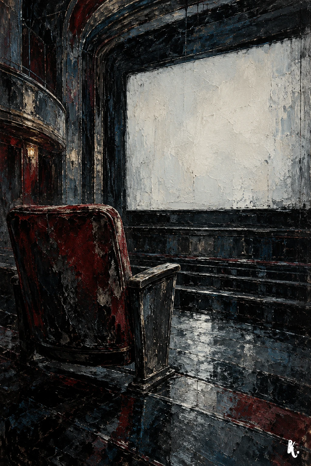 Un fauteuil isolé face à un écran presque blanc