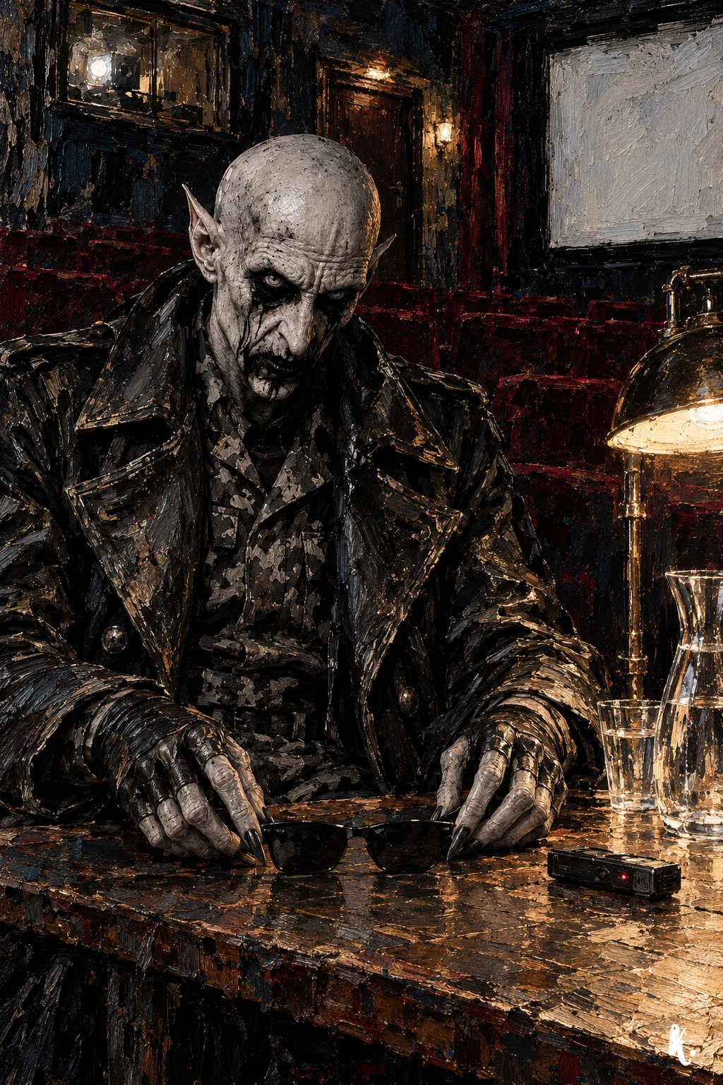 Les mains gantées d’Orlok replacent ses lunettes sur la table