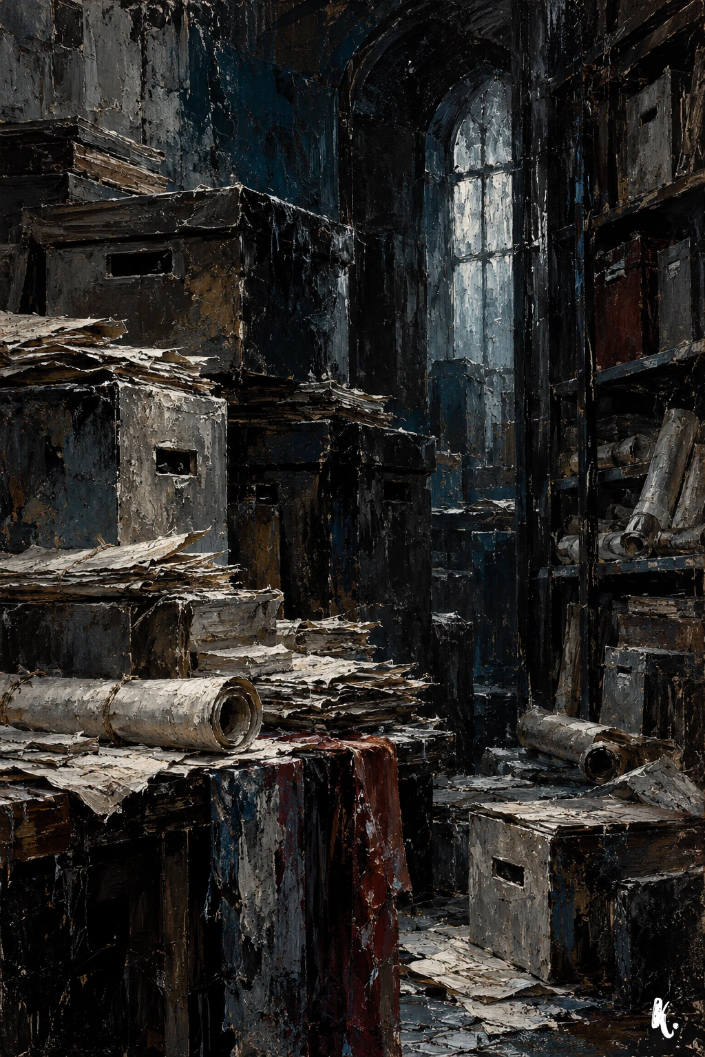 Des boîtes et des journaux dans une archive imaginaire