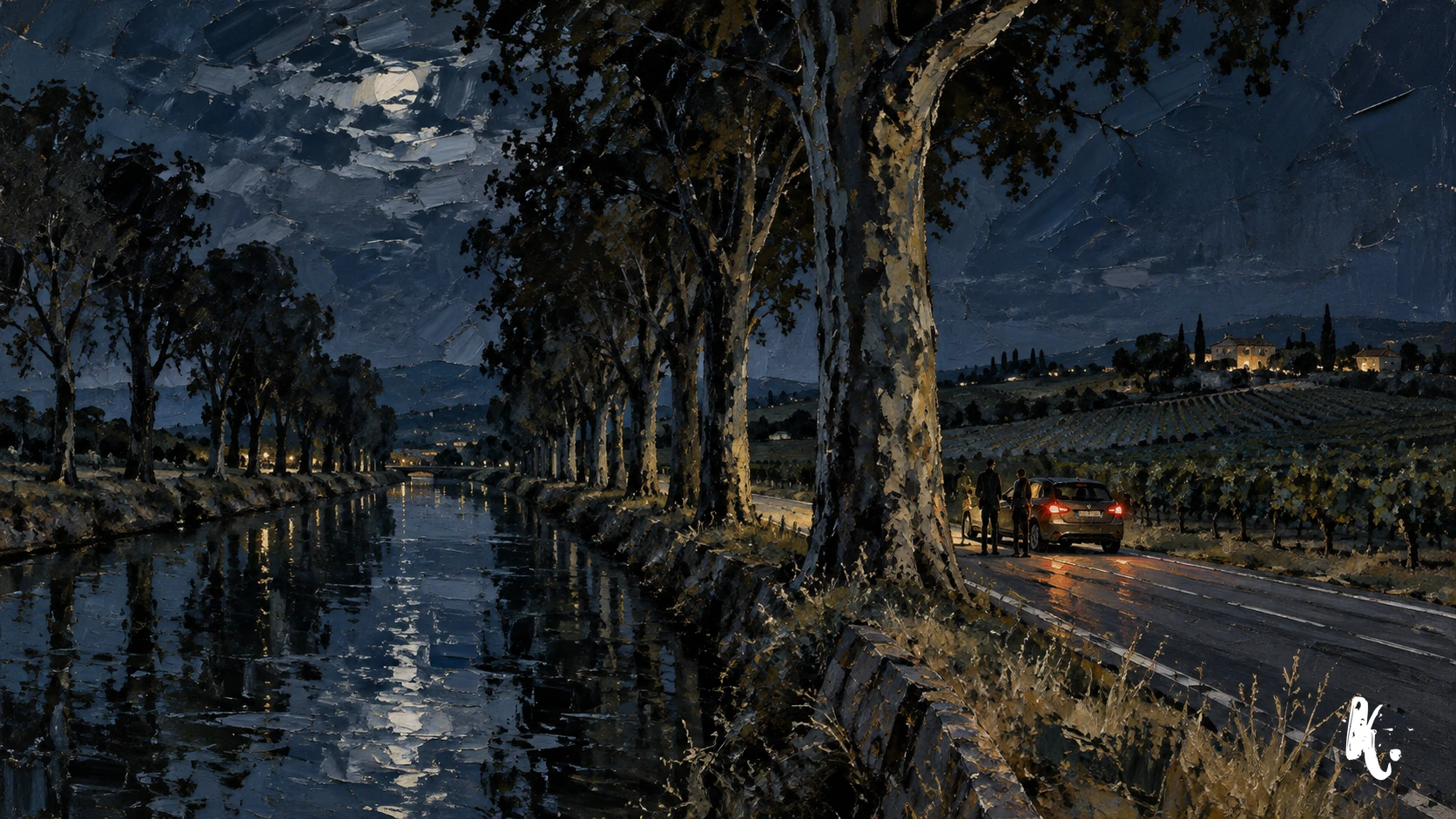Route et canal dans la campagne occitane de nuit