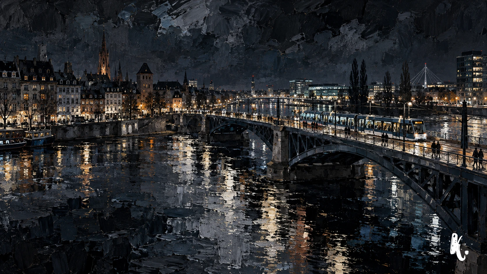 Pont et ville frontalière de Strasbourg de nuit