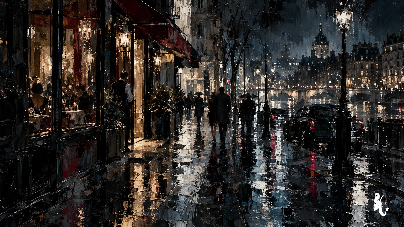 Restaurant et passants dans le Paris nocturne