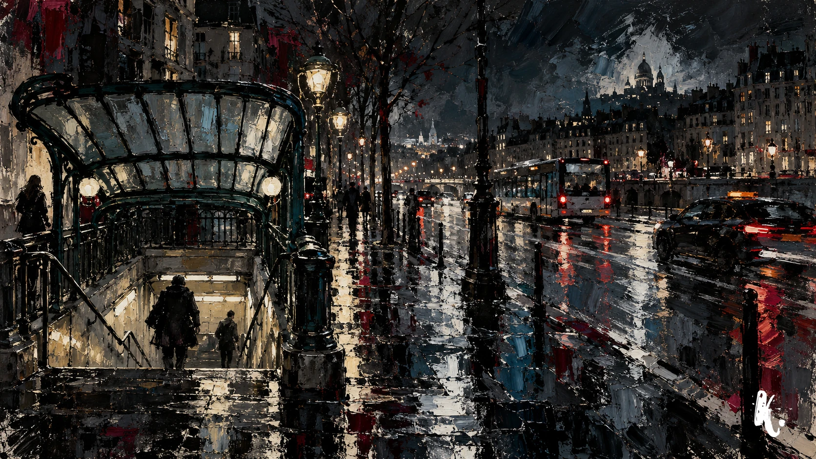 La circulation nocturne près d’une entrée de métro parisienne