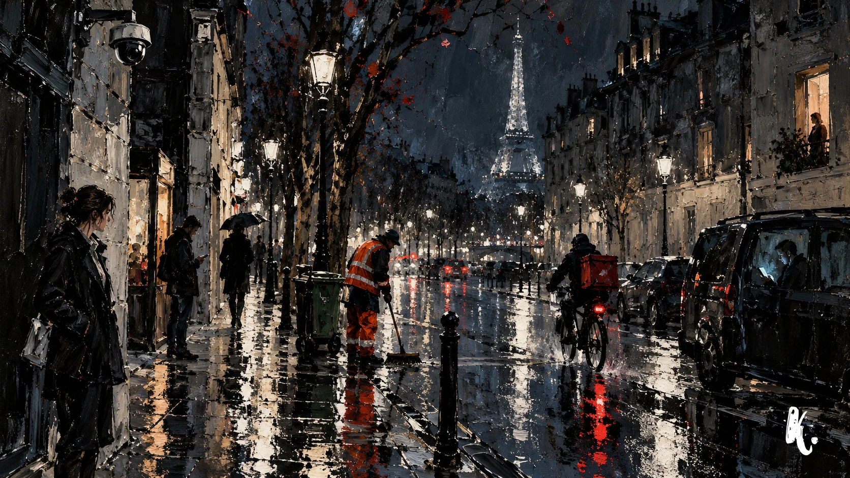 Une rue parisienne où le travail de nuit laisse des traces ordinaires
