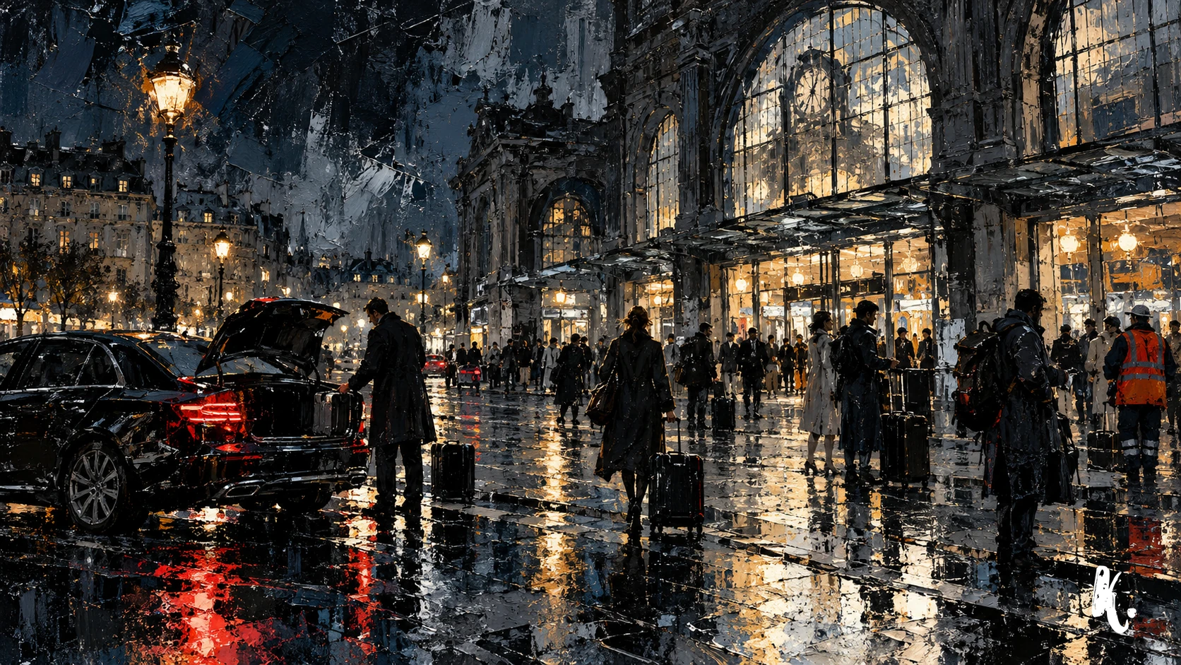 Voyageurs et travailleurs devant une gare parisienne de nuit