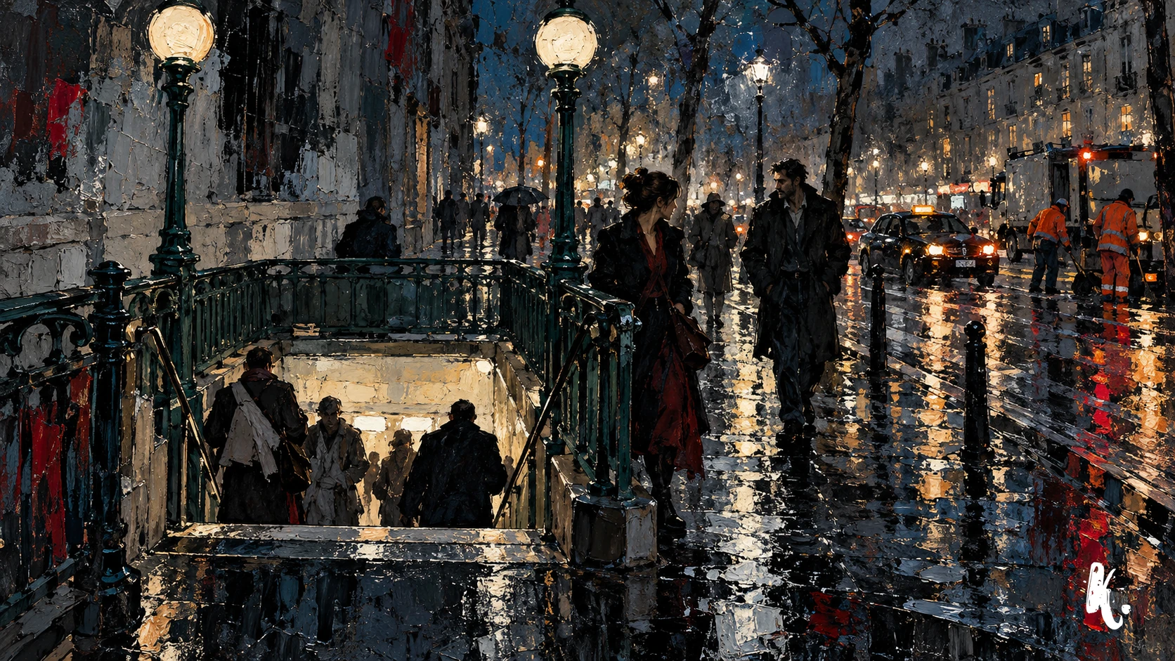 Sortie de métro et circulation nocturne à Paris