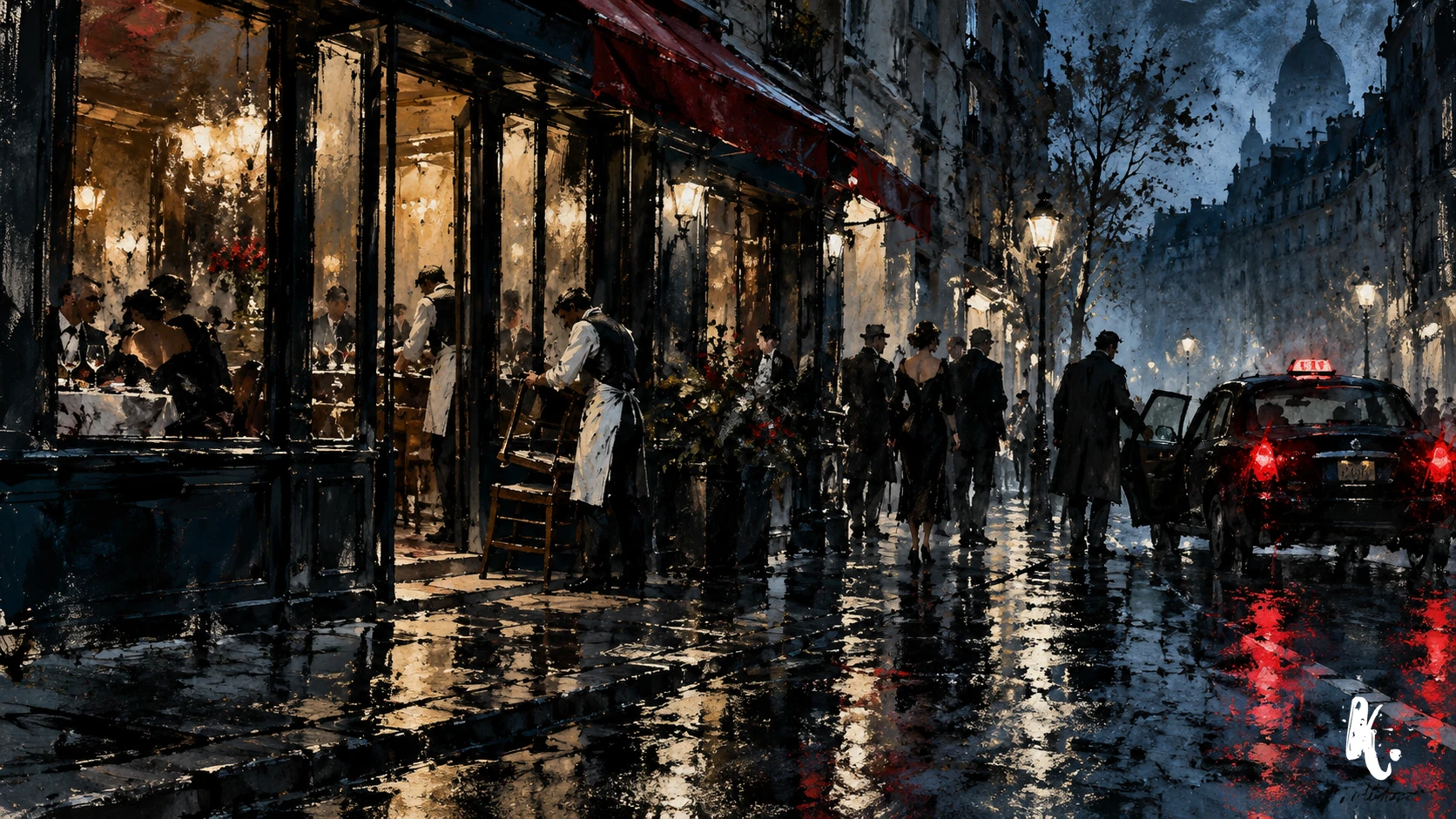 Derniers clients et personnel devant un restaurant parisien