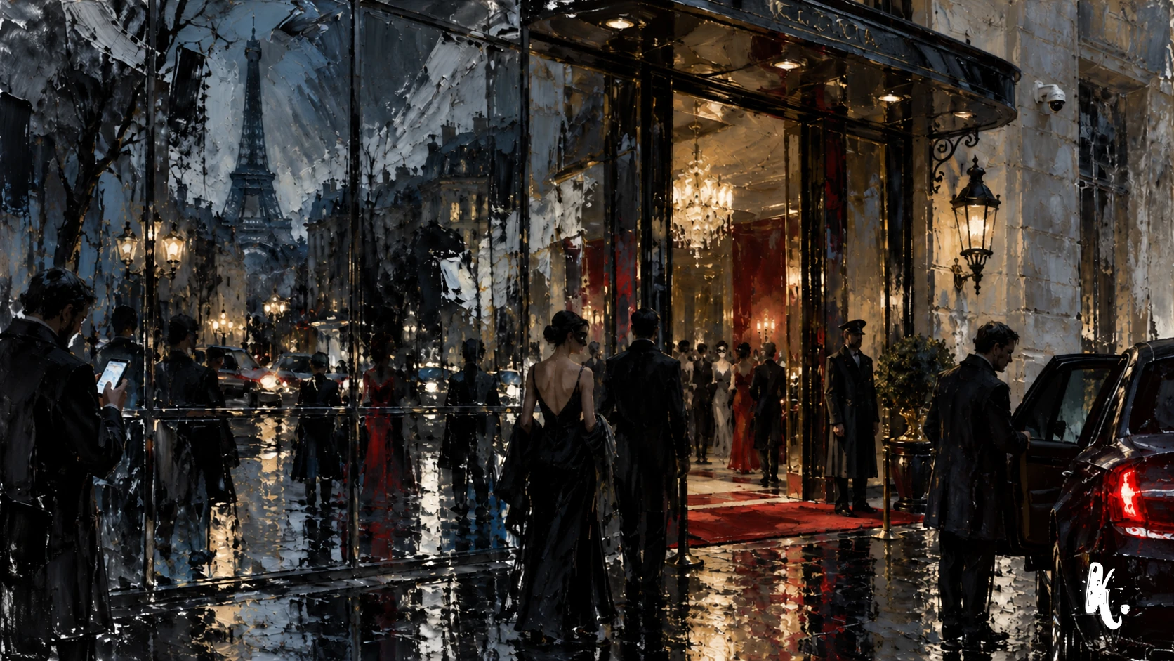 Entrée d’hôtel parisien, passants et caméra dans la nuit