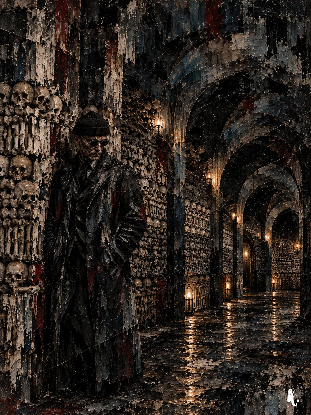 Bogdan dans une galerie d'ossements des Catacombes