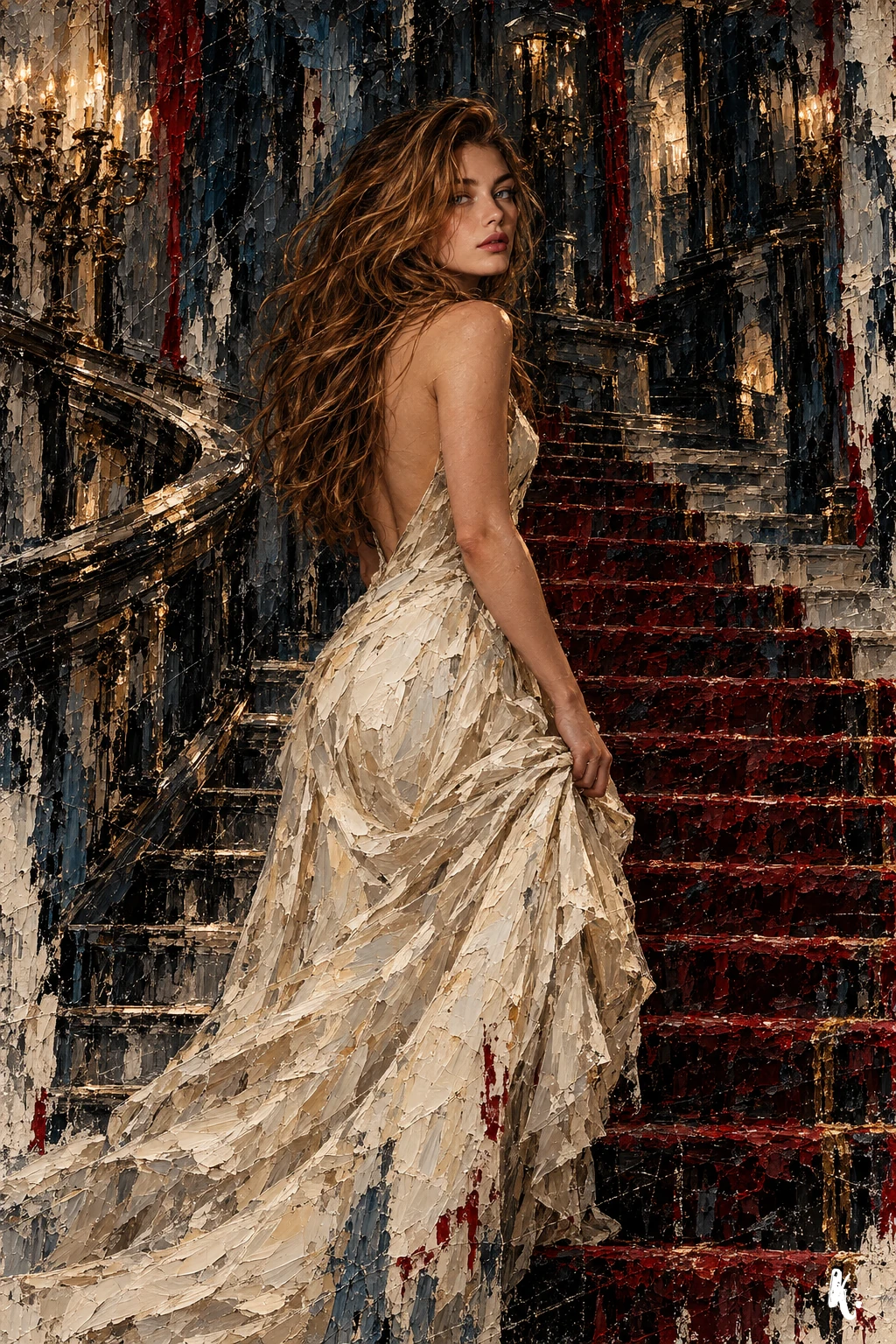 La silhouette de Cassandre se détache sur un escalier nocturne