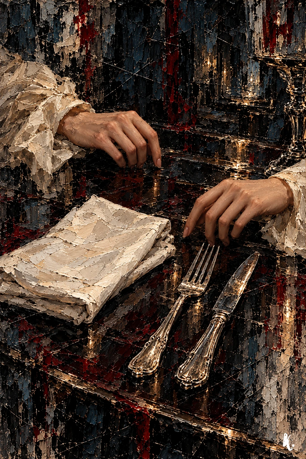 Une table sombre et les mains immobiles de Cassandre